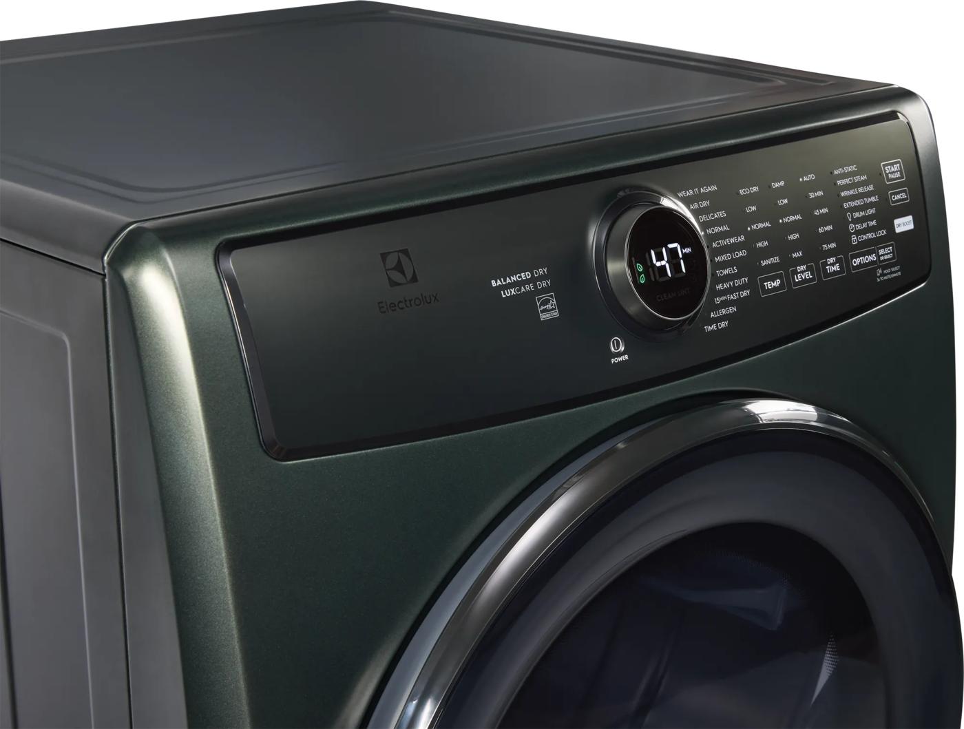 Dark gray front load gas dryer with digital display and control panel, part of Washers & Dryers and Appliances collections