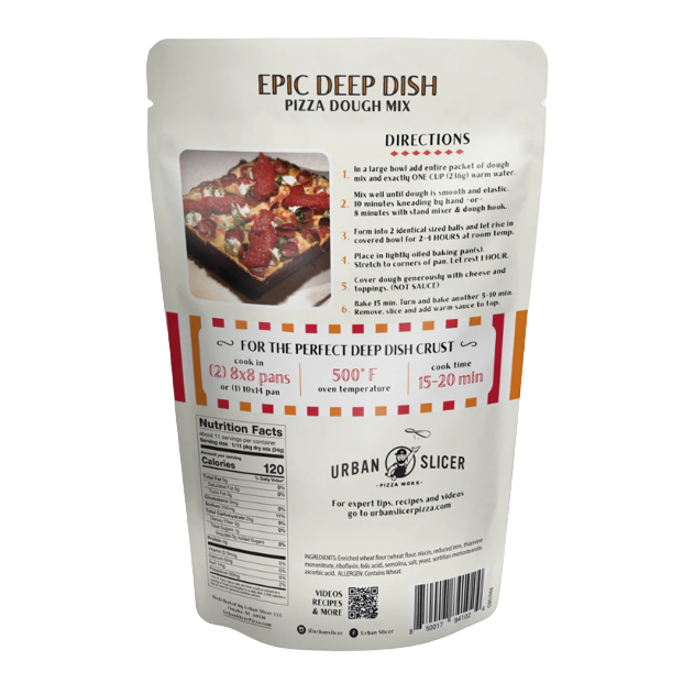 Back of Urban Slicer Detroit deep dish pizza dough mix pouch showing cooking instructions and nutrition facts.