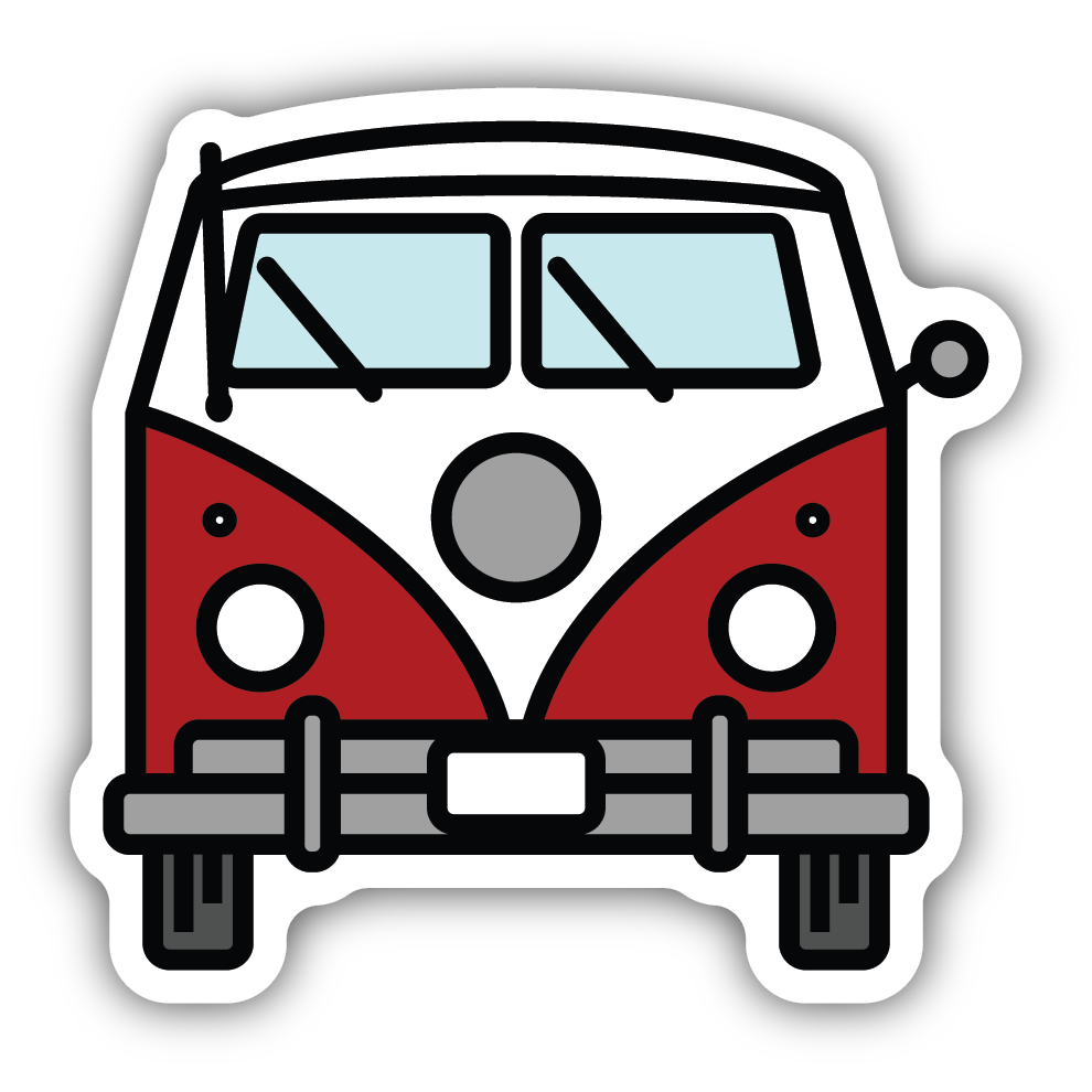 Illustration of a classic red and white vintage bus front with windshield wipers and round headlights sticker design