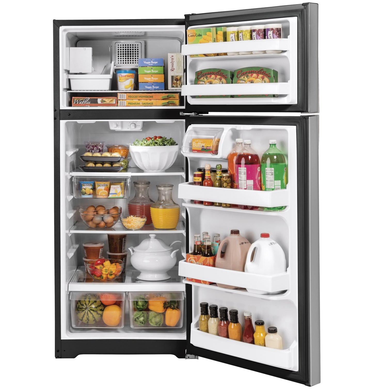 Open stainless steel top freezer refrigerator filled with various beverages, fresh produce, and packaged foods, part of Refrigerators and Kitchen & Kitchenware collections at Hartville Hardware.