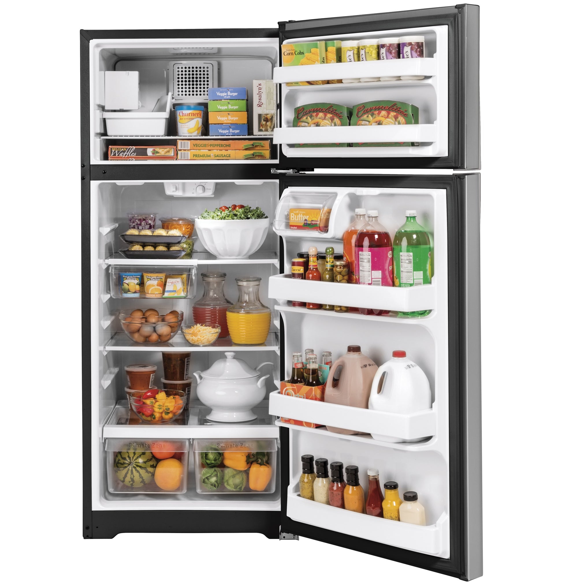 Open stainless steel top freezer refrigerator filled with various beverages, fresh produce, and packaged foods, part of Refrigerators and Kitchen & Kitchenware collections at Hartville Hardware.