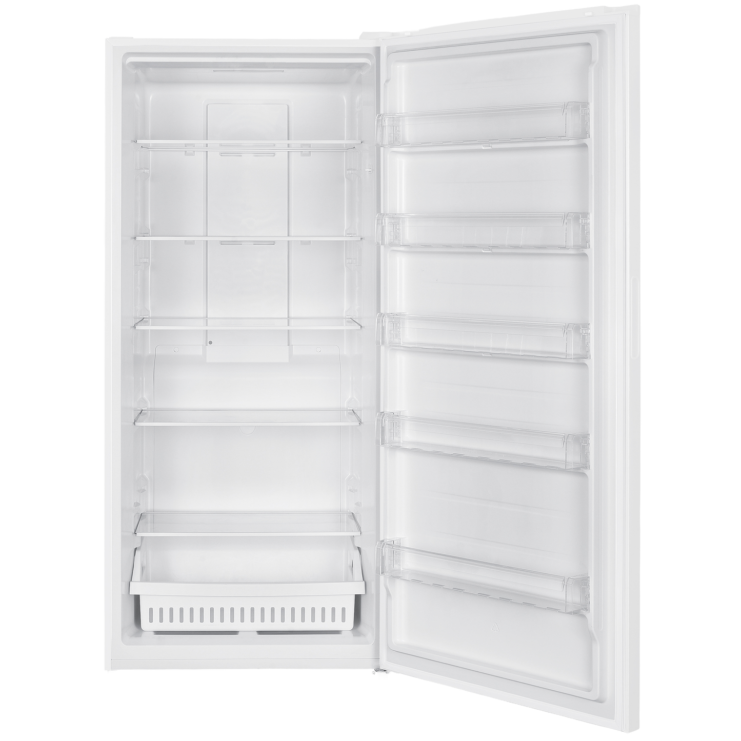 Open white upright freezer with multiple adjustable shelves and door compartments in Appliances collection