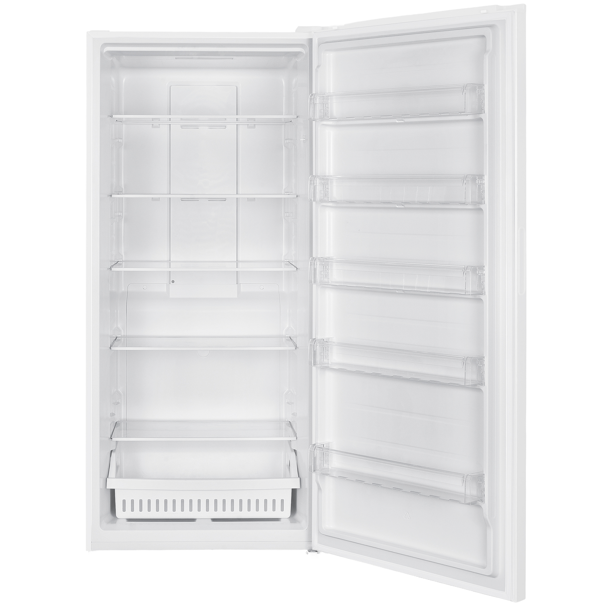 Open white upright freezer with multiple adjustable shelves and door compartments in Appliances collection