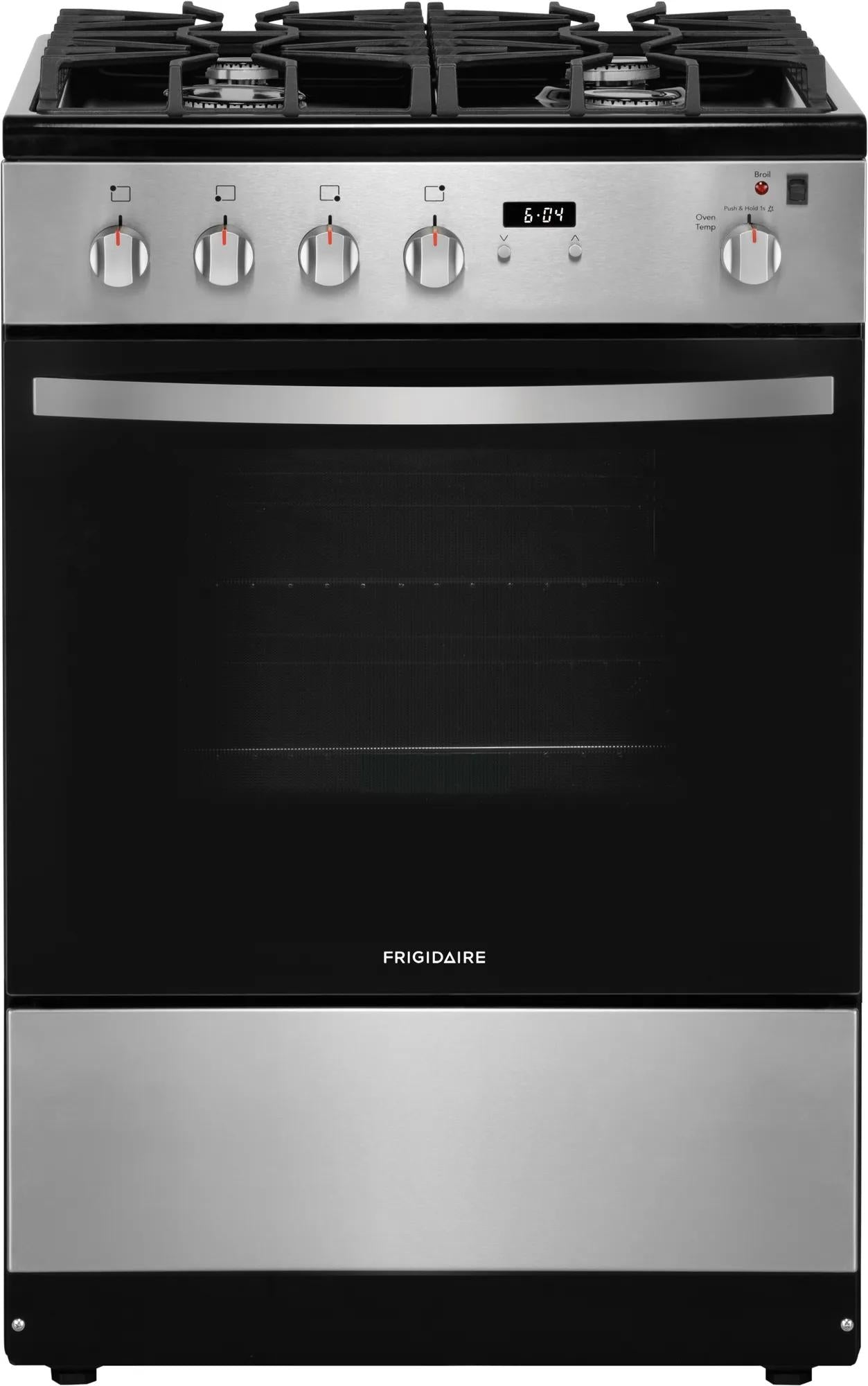 Stainless steel 24-inch freestanding gas range with front controls, digital clock, continuous grates, and storage drawer in Ranges collection