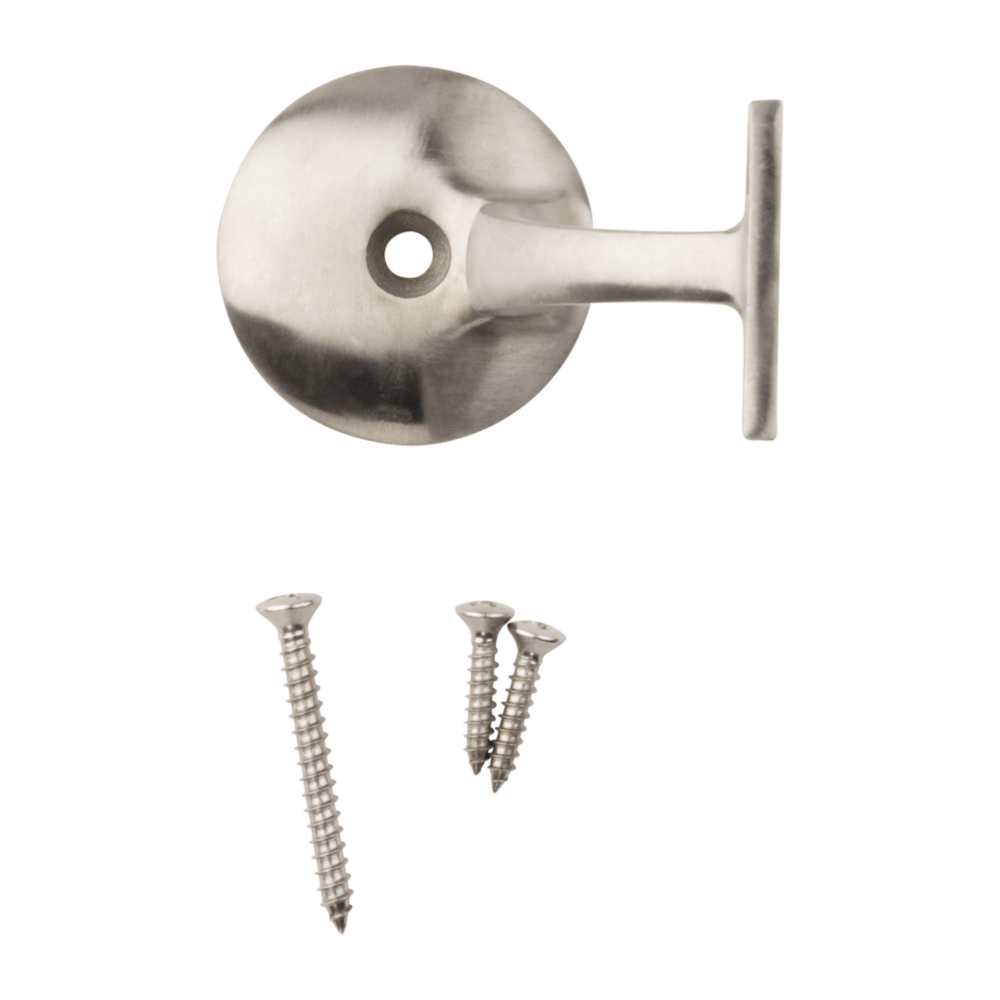 Stainless steel handrail bracket with mounting screws for secure wall attachment in shelving and storage projects