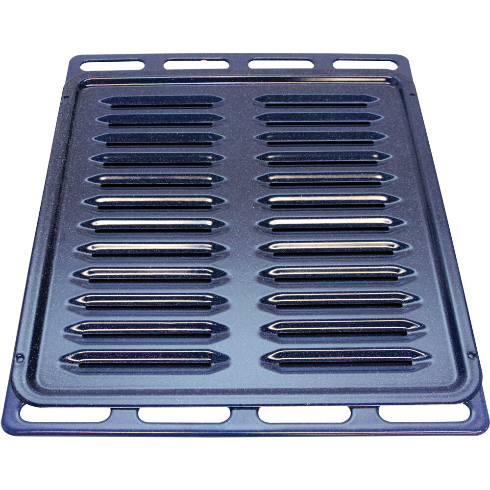 Blue metal oven broiler pan with raised ridges designed for even heat distribution in kitchen appliances collection