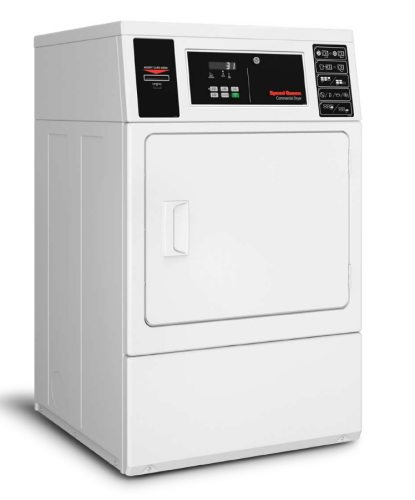 White commercial gas dryer with front control panel and digital display in Dryers and Appliances collections