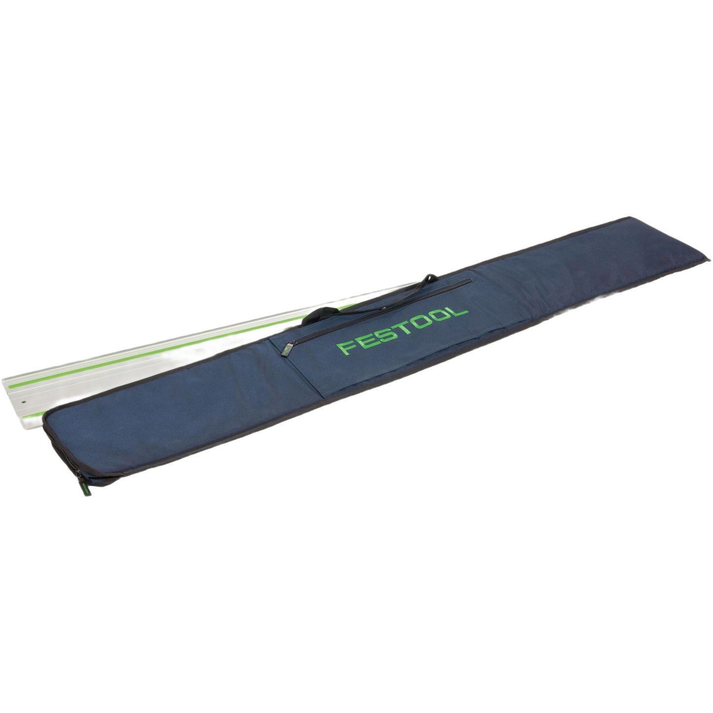 Durable navy blue carrying bag with green logo designed for protecting and storing guide rails in woodworking tool accessories collections