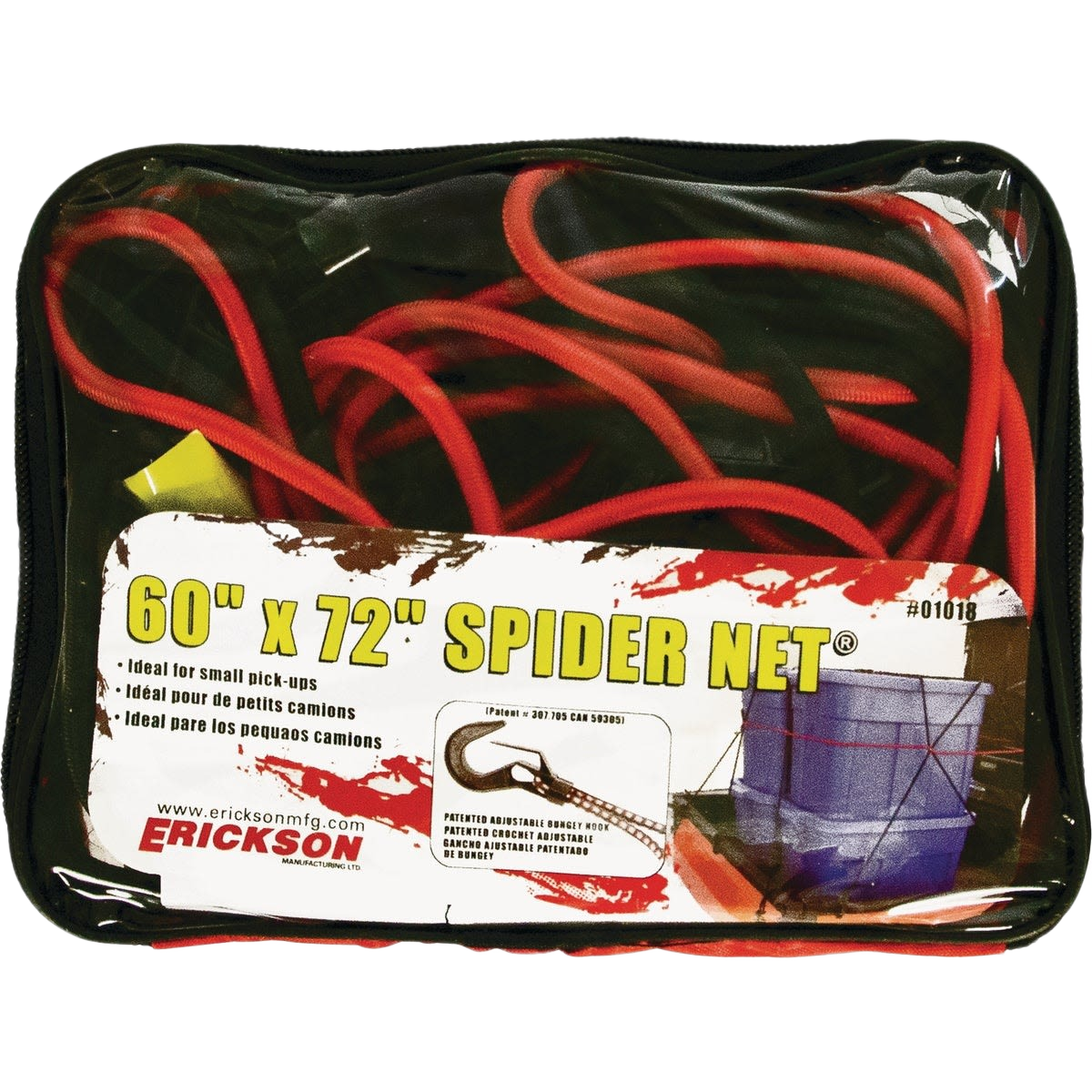 Black and red cargo net with elastic cords packed in clear plastic case for securing loads in tools and home improvement use