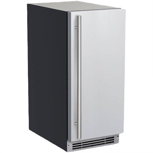 Compact built-in clear ice machine with stainless steel door, pump, and reversible hinge in kitchen appliances collection