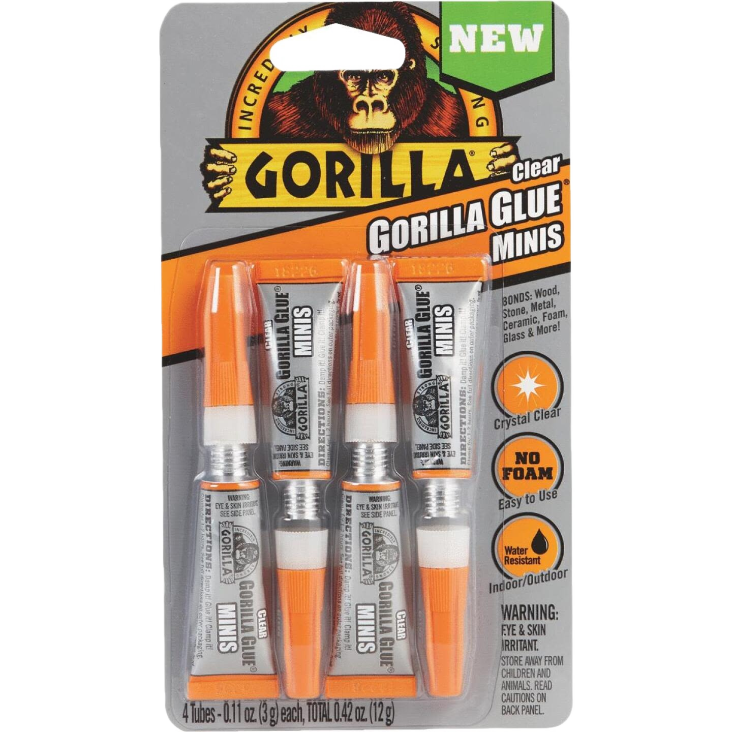 Pack of four clear mini tubes of all-purpose glue with orange caps for versatile indoor and outdoor household repairs