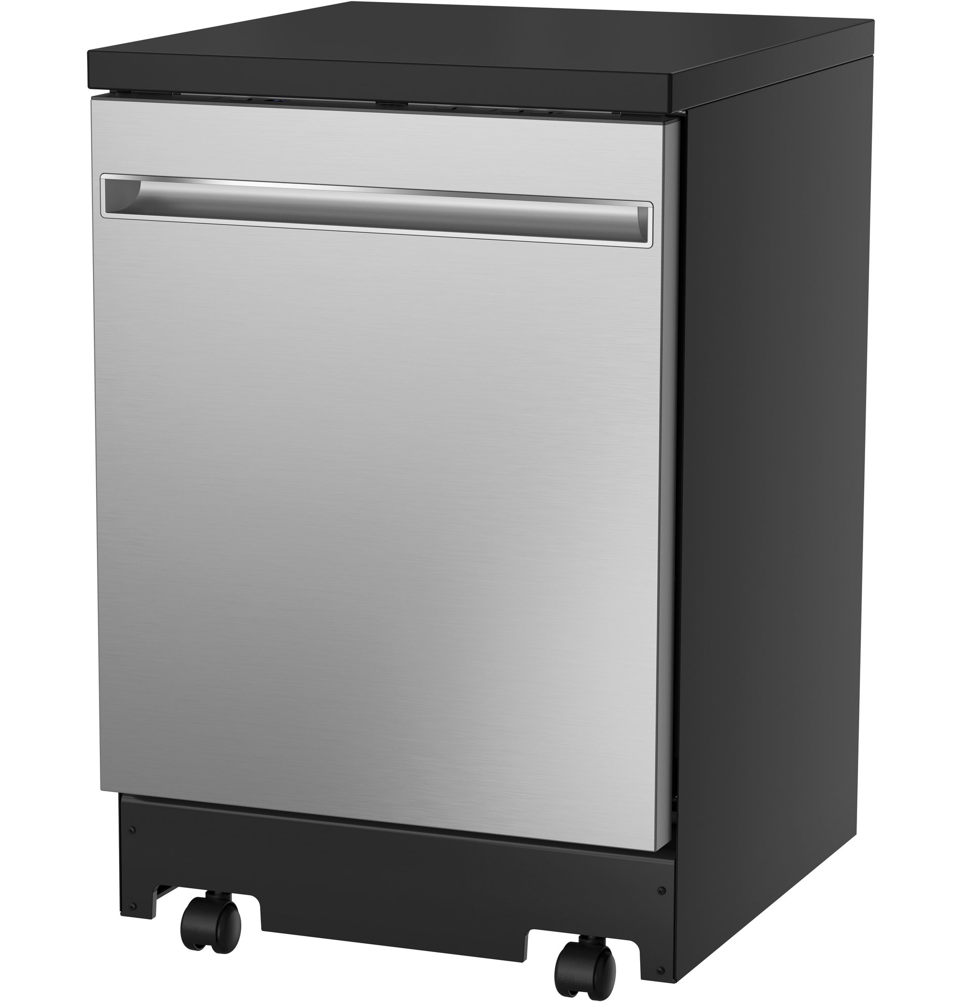 Compact portable dishwasher with stainless steel front, black sides, and caster wheels in Dishwashers and Portable Dishwashers collections