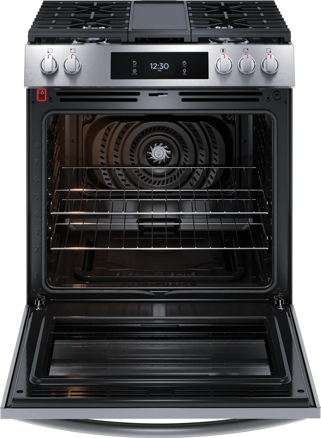 front view of stainless steel gas range with open oven door and convection fan inside from ranges and kitchen appliances collections
