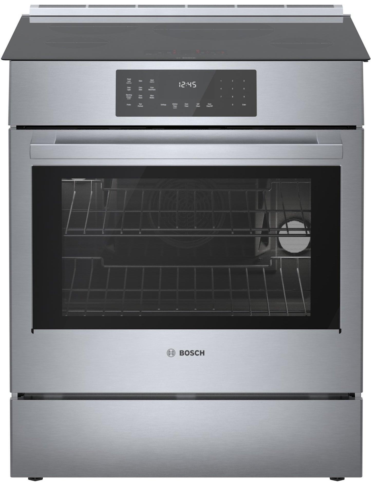stainless steel induction slide-in range with digital control panel and glass oven door in kitchen appliances collection