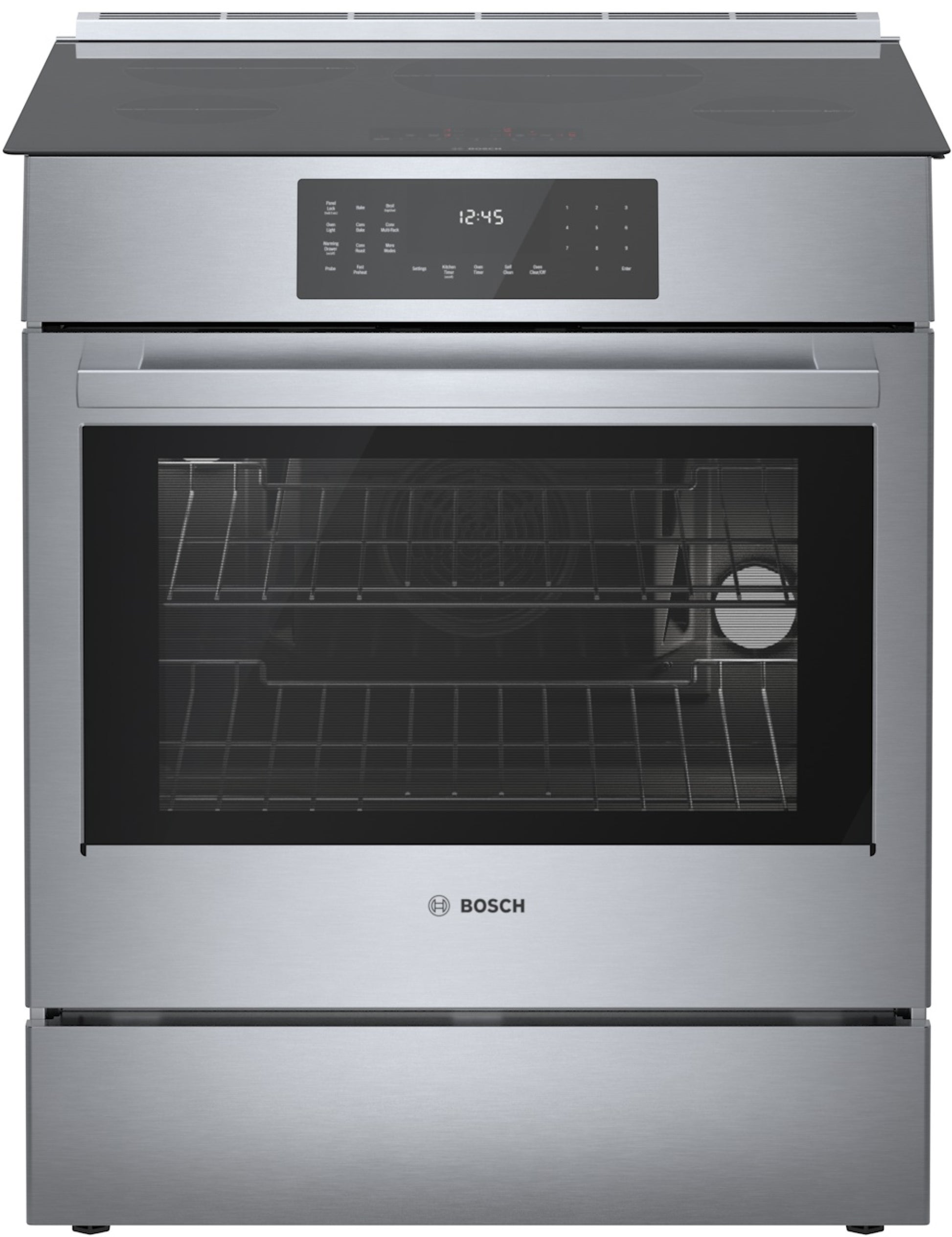 stainless steel induction slide-in range with digital control panel and glass oven door in kitchen appliances collection
