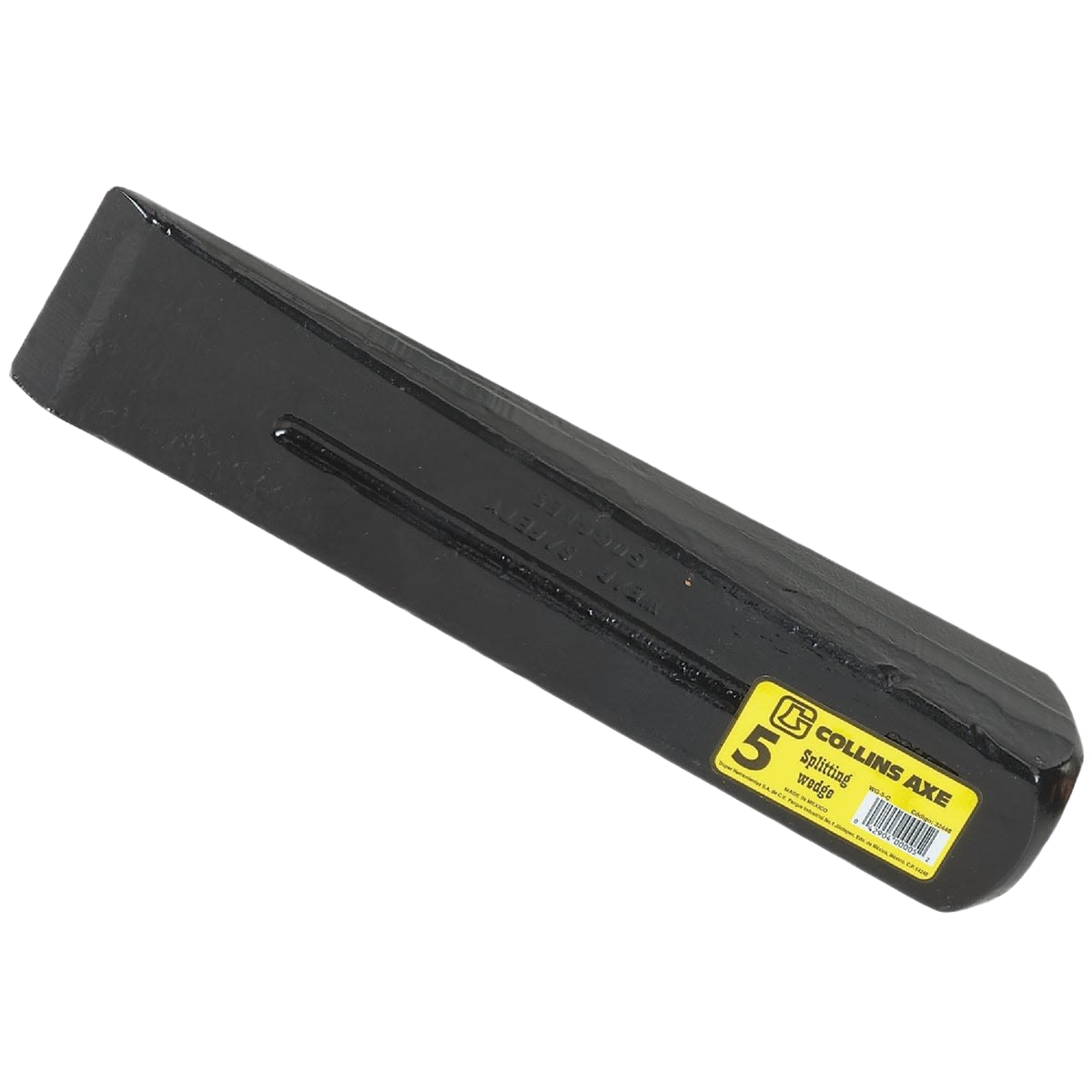 Heavy-duty black splitting wedge with square head and yellow product label for home improvement and tools use