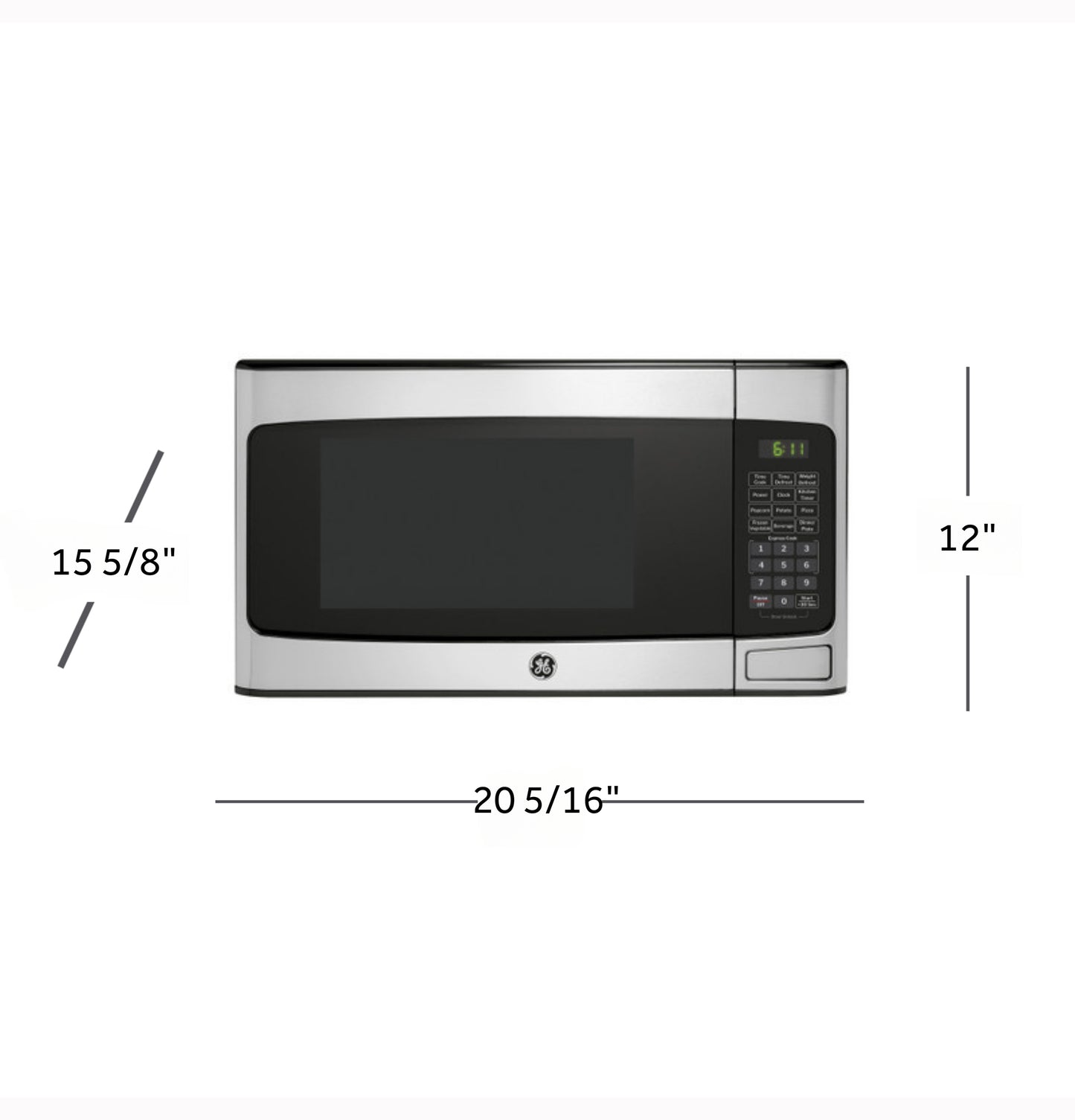Stainless steel countertop microwave oven with digital keypad and dimensions labeled for kitchen appliances collection