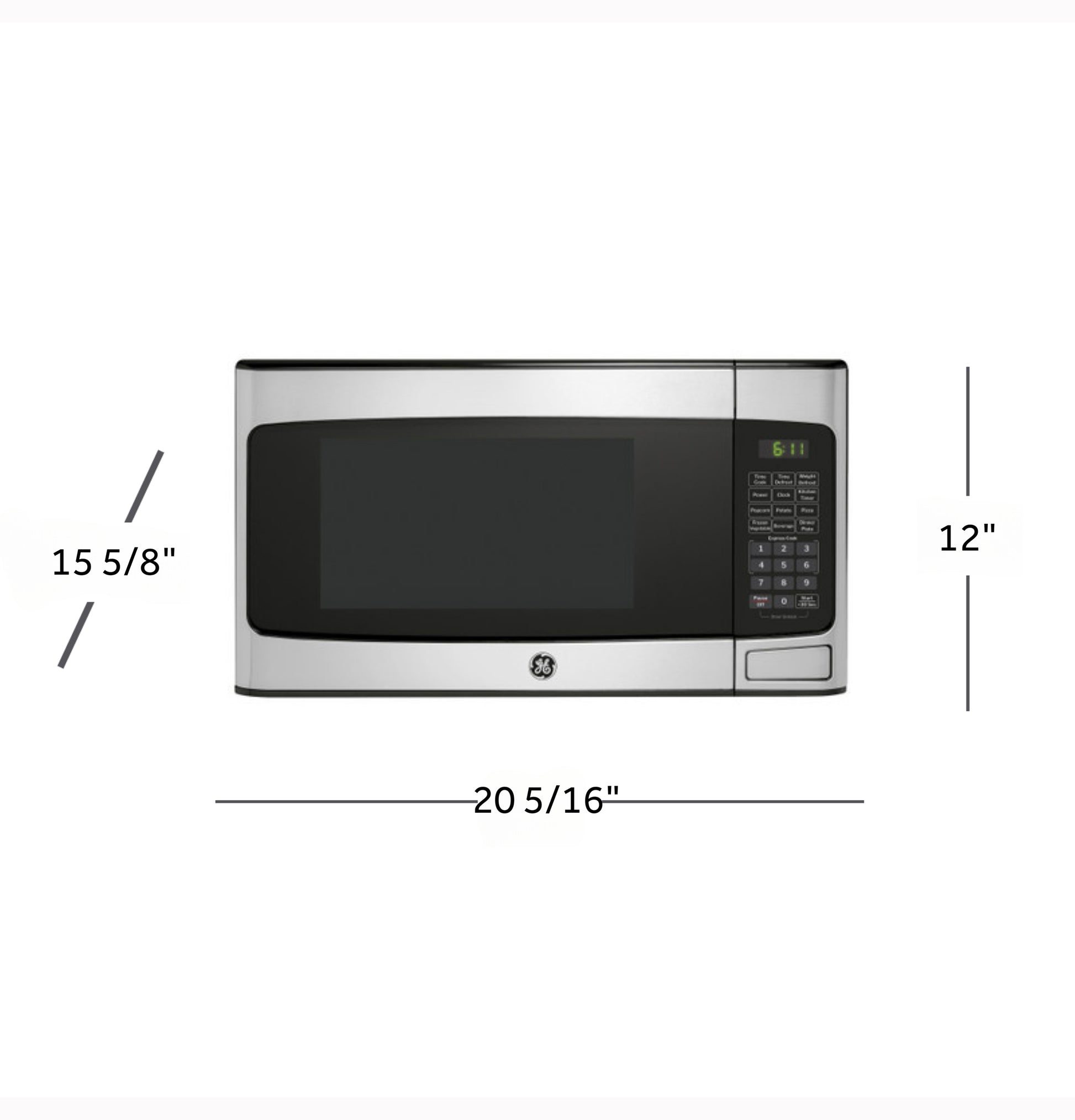 Stainless steel countertop microwave oven with digital keypad and dimensions labeled for kitchen appliances collection