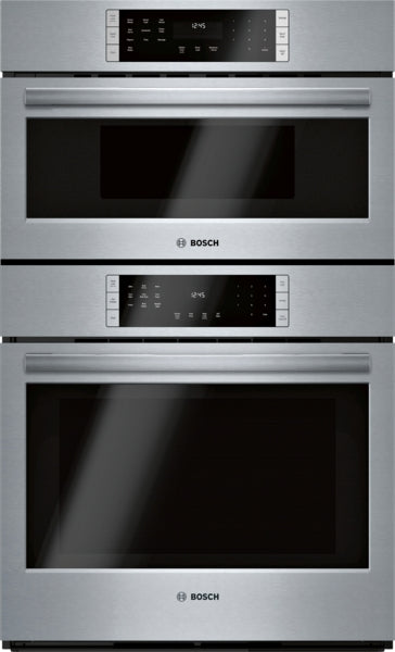 Stainless steel Bosch microwave combo wall ovens with digital touch controls and sleek modern design for kitchen improvement