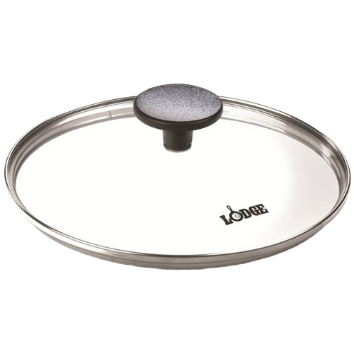 Round tempered glass lid with steam vent and black knob handle for kitchenware and Lodge cast iron cookware collections under $50