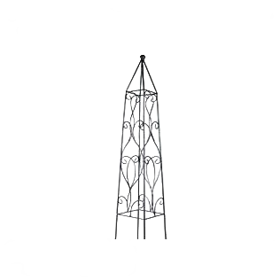 Black metal wisteria obelisk with decorative scrollwork for supporting climbing plants in outdoor living spaces