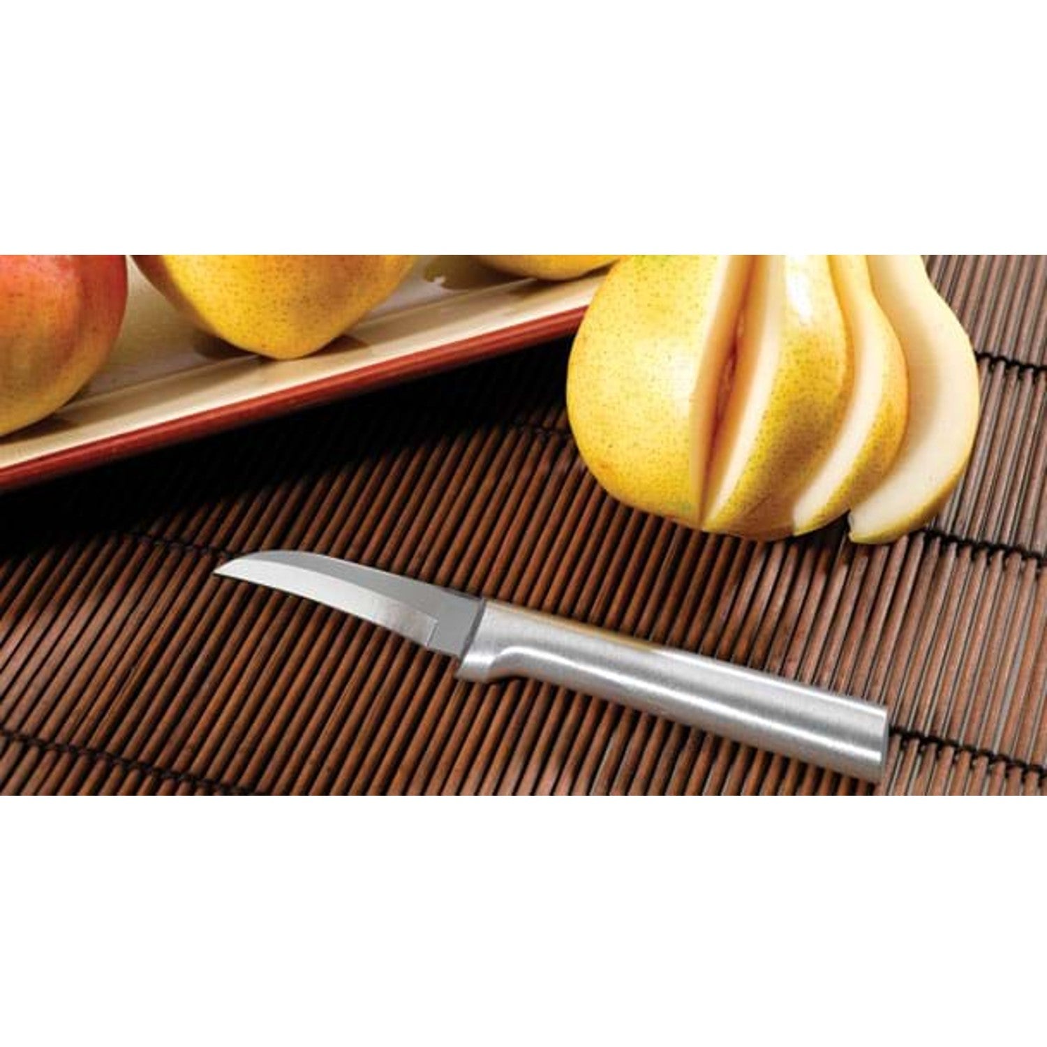 Curve-bladed paring knife with a solid aluminum handle displayed next to a sliced pear, suitable for Kitchenware and Kitchen Utensils collections under $50.