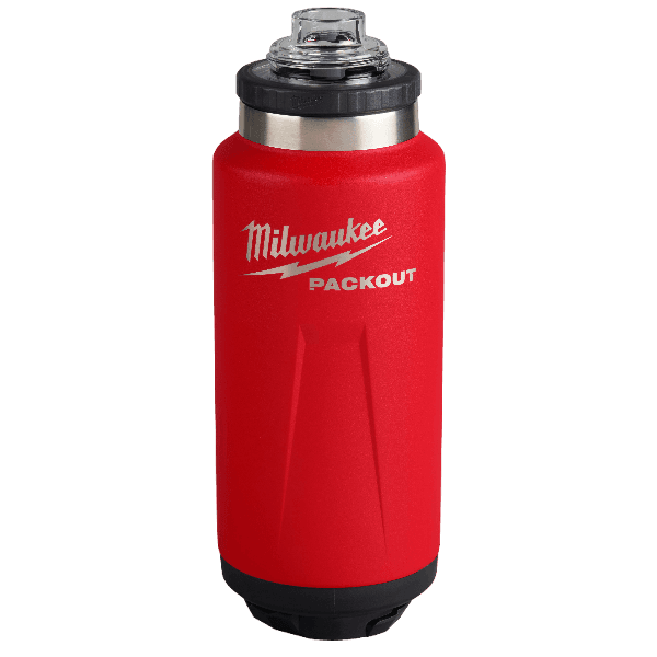 Red insulated 36oz bottle with black chug lid designed for tools and home improvement use