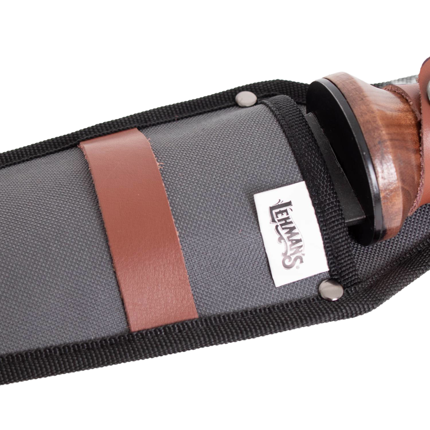 Close-up of durable fabric sheath with leather strap and wooden handle detail for outdoor and gardening hand tools under $50 collection