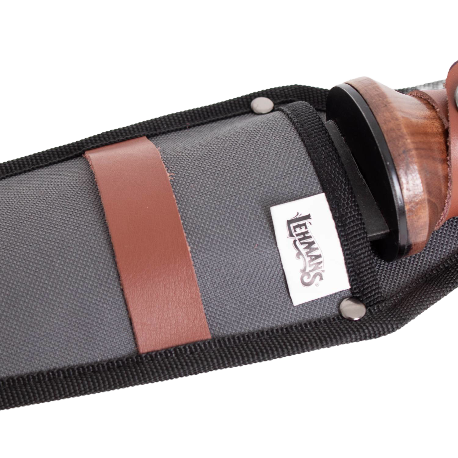 Close-up of durable fabric sheath with leather strap and wooden handle detail for outdoor and gardening hand tools under $50 collection