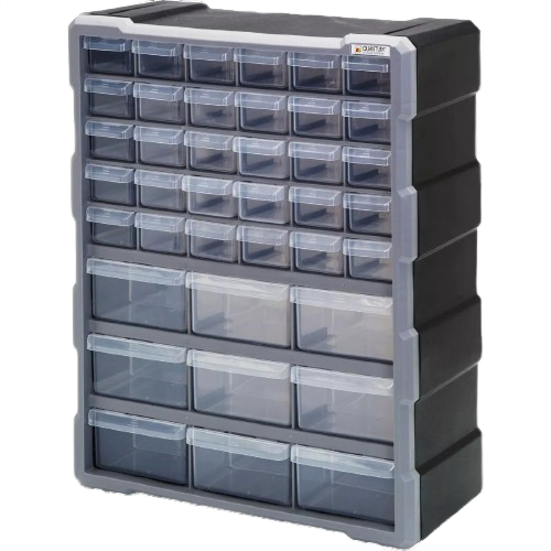 Compact clear plastic parts organizer with 39 drawers for countertop storage and garage tool organization tasks