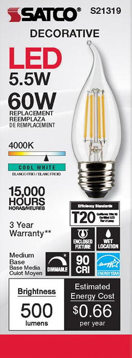 Clear LED decorative bulb with medium base, cool white light, energy-efficient for home improvement and lighting fixtures