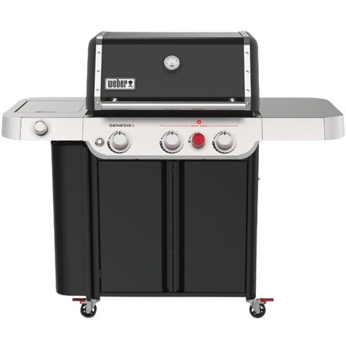 Black and stainless steel propane grill with three control knobs and side tables for outdoor cooking and grilling