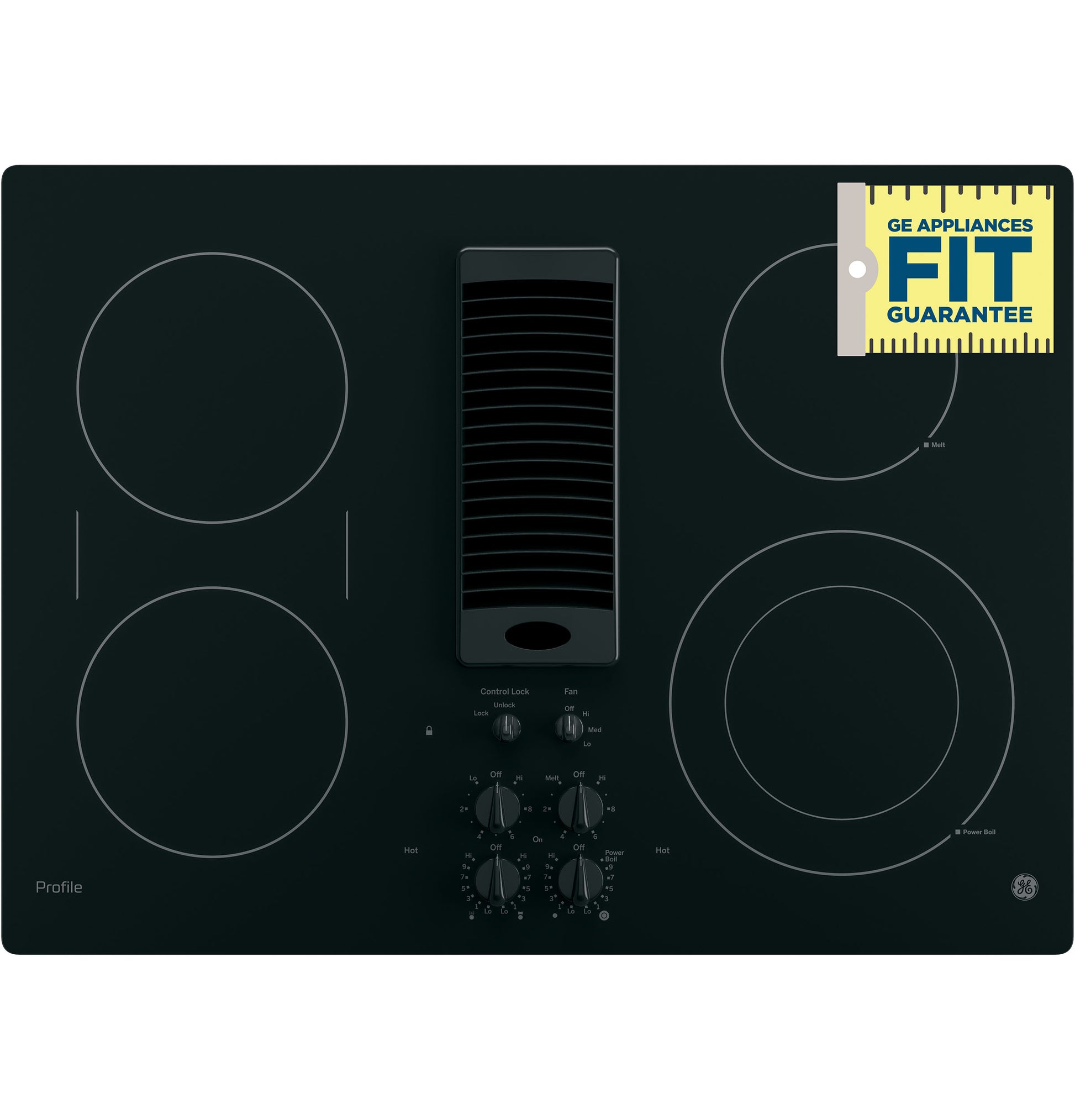 Black 30-inch downdraft electric cooktop with four radiant burners and front control knobs from electric cooktops collection