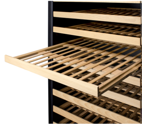 Open wooden slatted shelf pulled out from 24" wide single zone wine cellar in Appliances collection