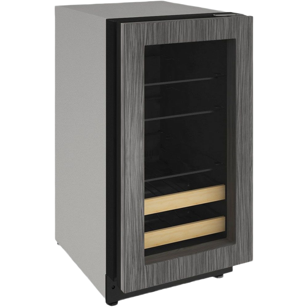 Built-in beverage center with glass door, wood frame, adjustable shelves, and undercounter design for kitchen spaces