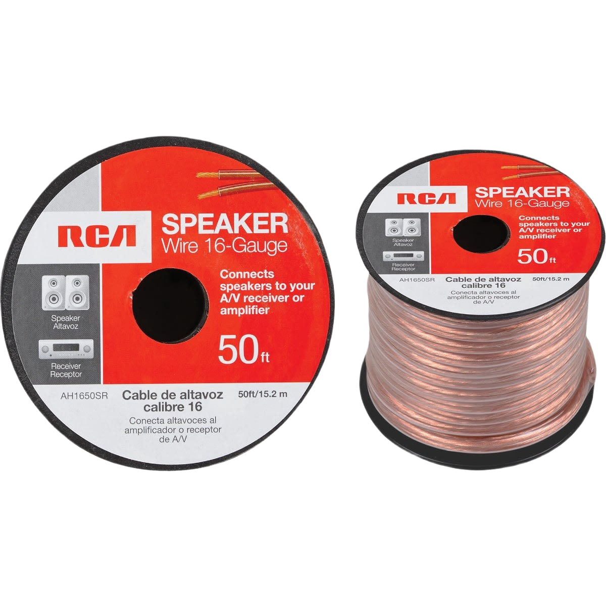 Spool of 16-gauge speaker wire designed for connecting speakers to audio receivers or amplifiers in home improvement projects