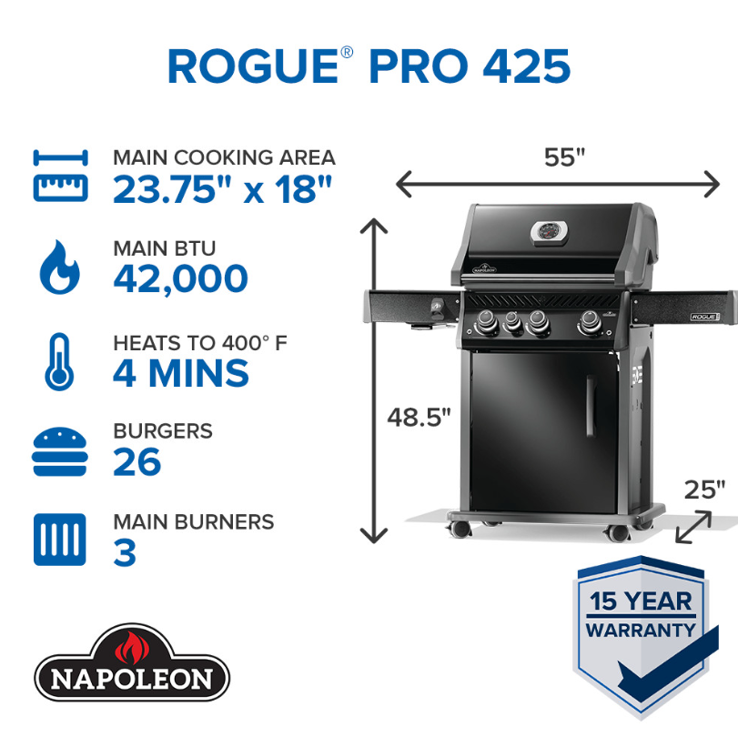 Black natural gas grill with three main burners, control knobs, side shelves, and storage cabinet, featuring 23.75 by 18-inch cooking area and 42,000 BTU for outdoor cooking and grilling.