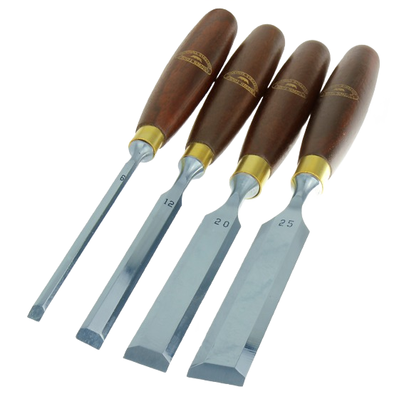 Set of four bench chisels with polished steel blades and dark wood handles for woodworking and home improvement tasks