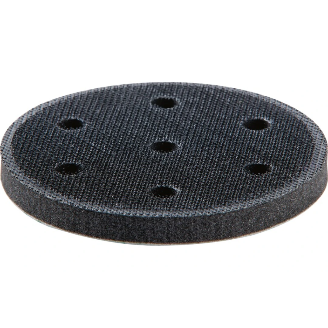 Round black supersoft interface pad with multiple ventilation holes for power sanding tools and home improvement use