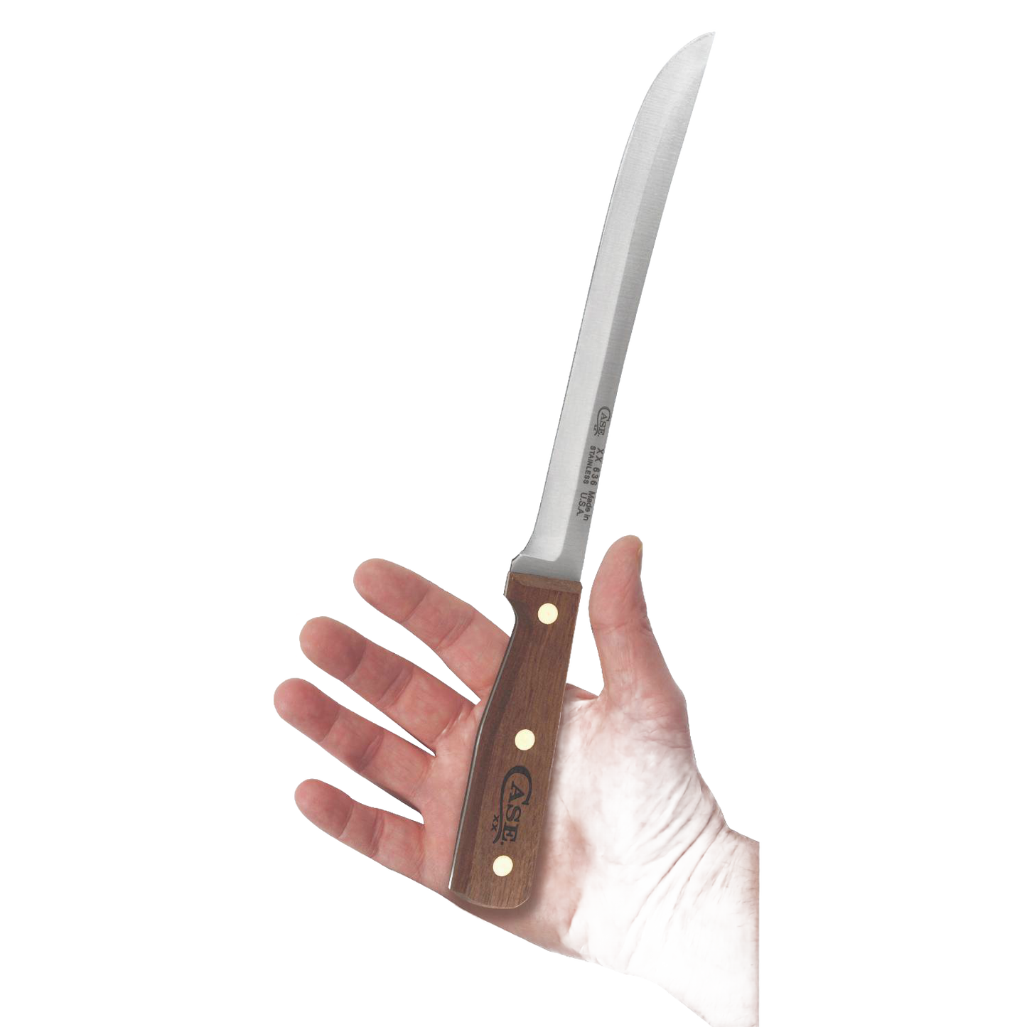 Kitchen slicing knife with wooden handle and brass rivets, ideal for kitchen utensils and cooking tasks.
