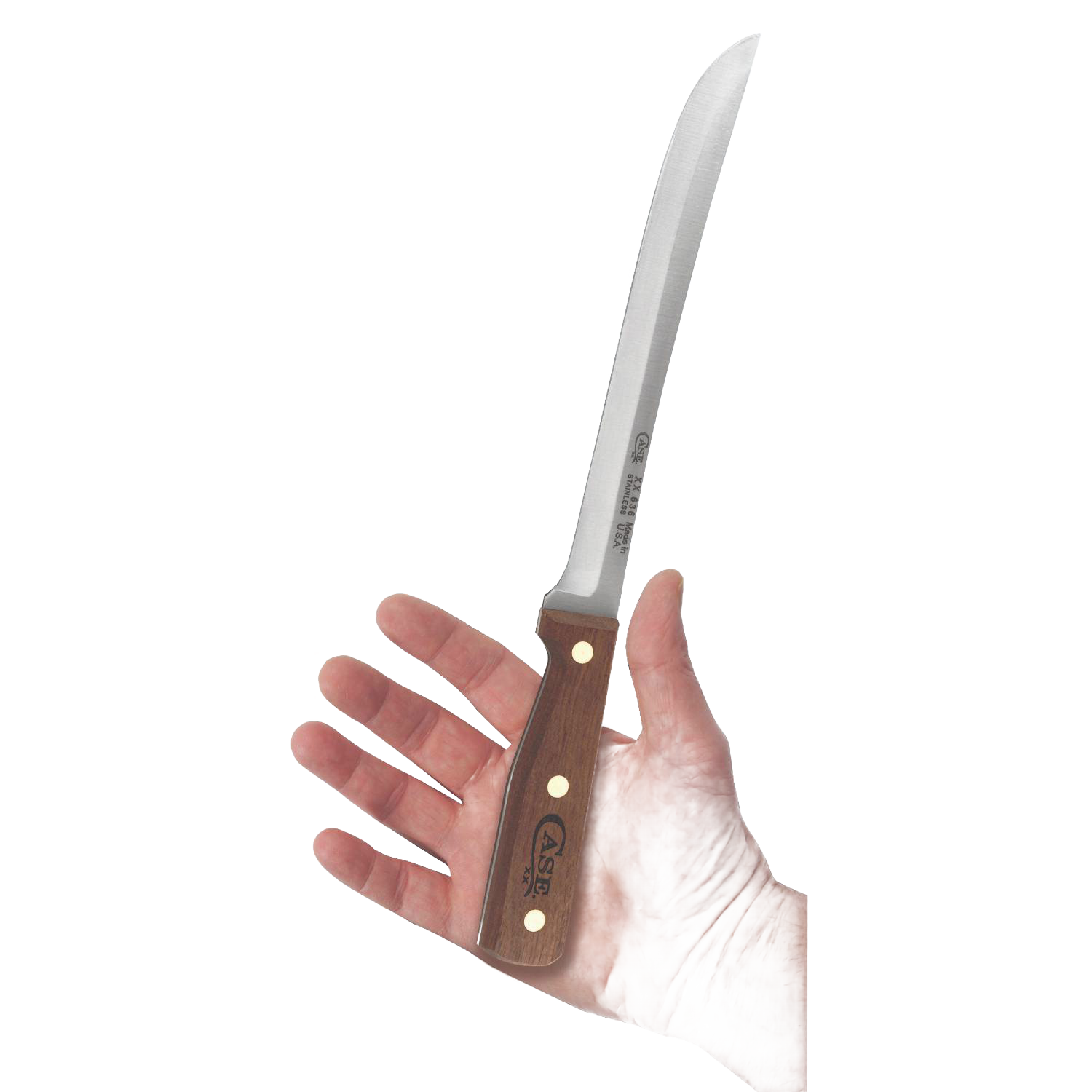 Kitchen slicing knife with wooden handle and brass rivets, ideal for kitchen utensils and cooking tasks.