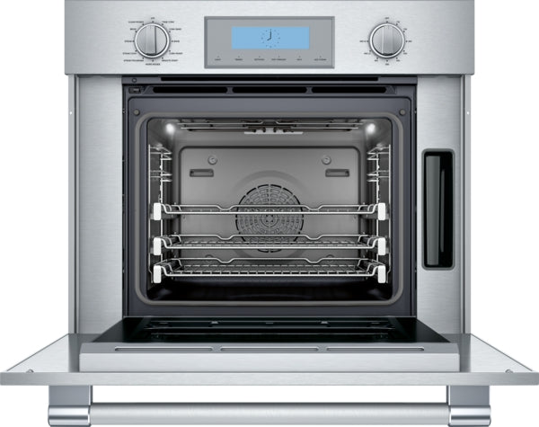 Open stainless steel steam convection wall oven with racks and digital display in kitchen appliances collection