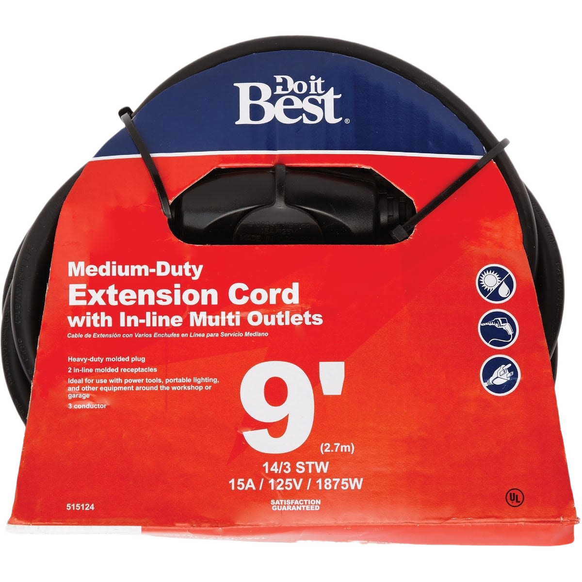 Black medium-duty 9-foot extension cord with two in-line outlets for home improvement and power tool use