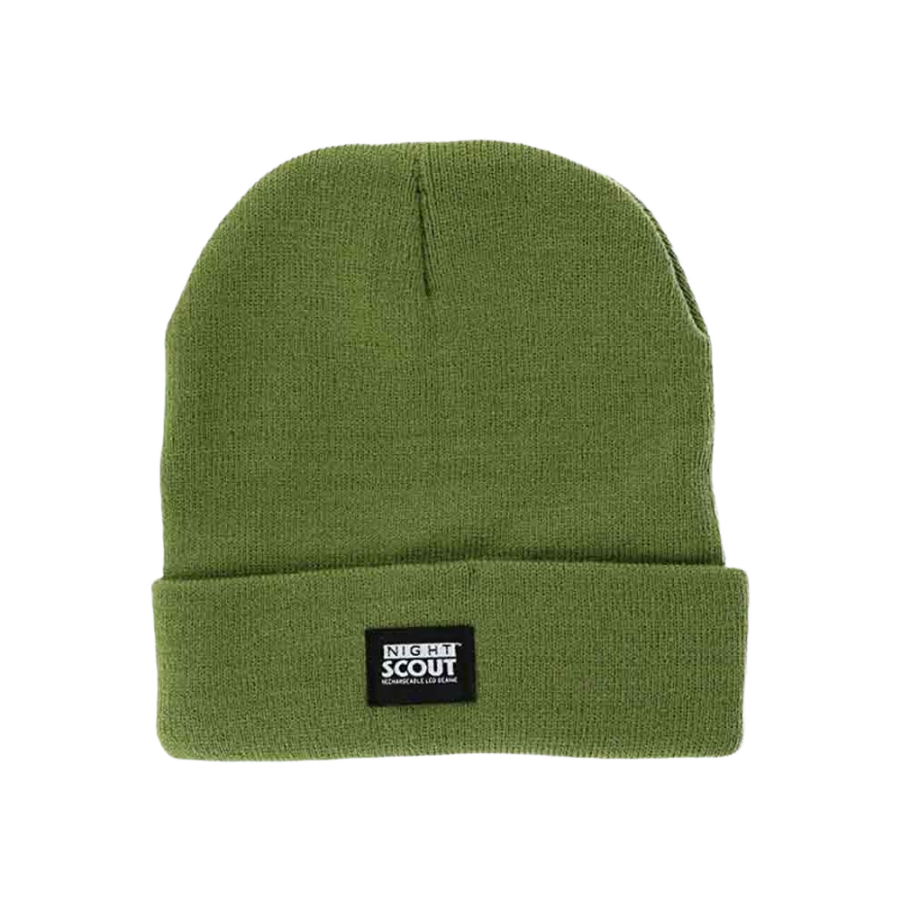 Olive green knit beanie with folded cuff and Night Scout logo for casual wear in scarves and hats collections under $50