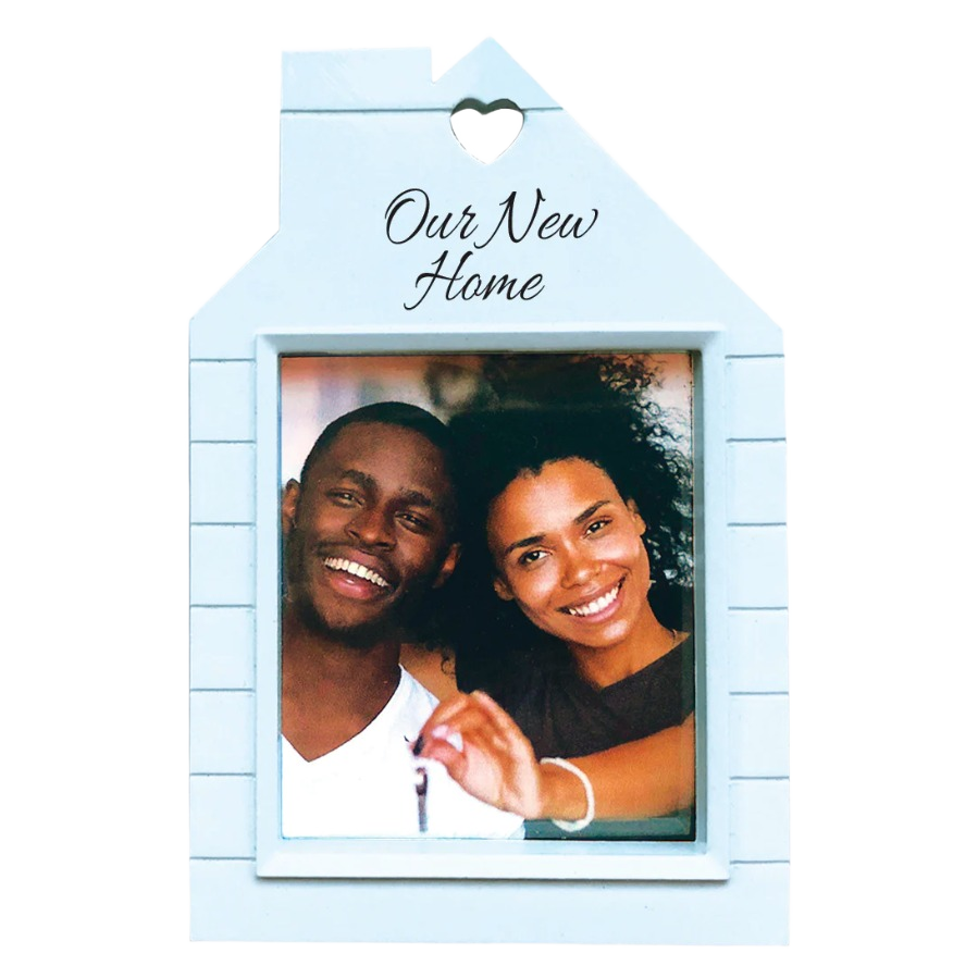 Light blue house-shaped frame ornament with "Our New Home" text and space for photo from Christmas Ornaments & Tree Decorations collection