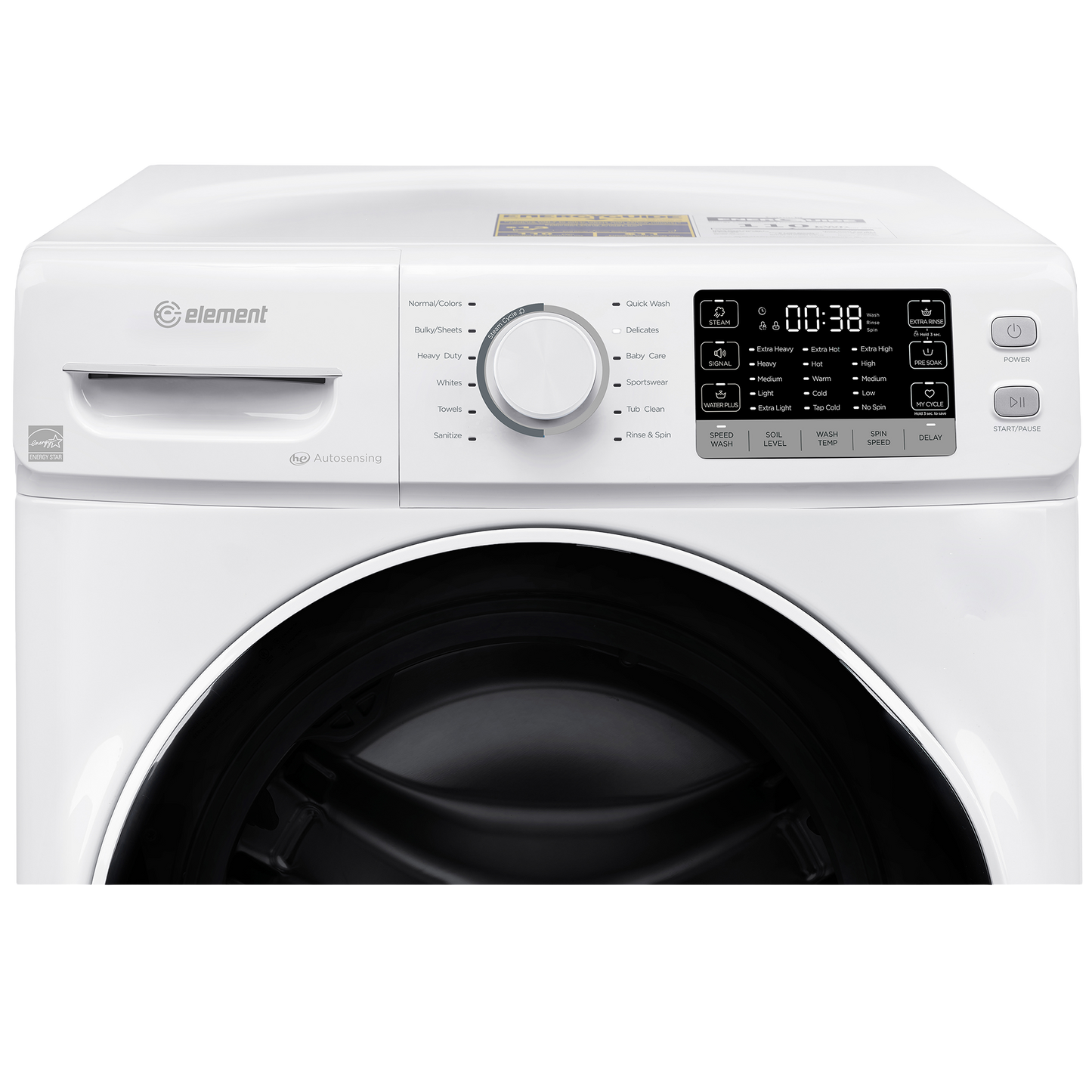 White front load washing machine featuring digital display, cycle selector knob, and control buttons for appliances collection.