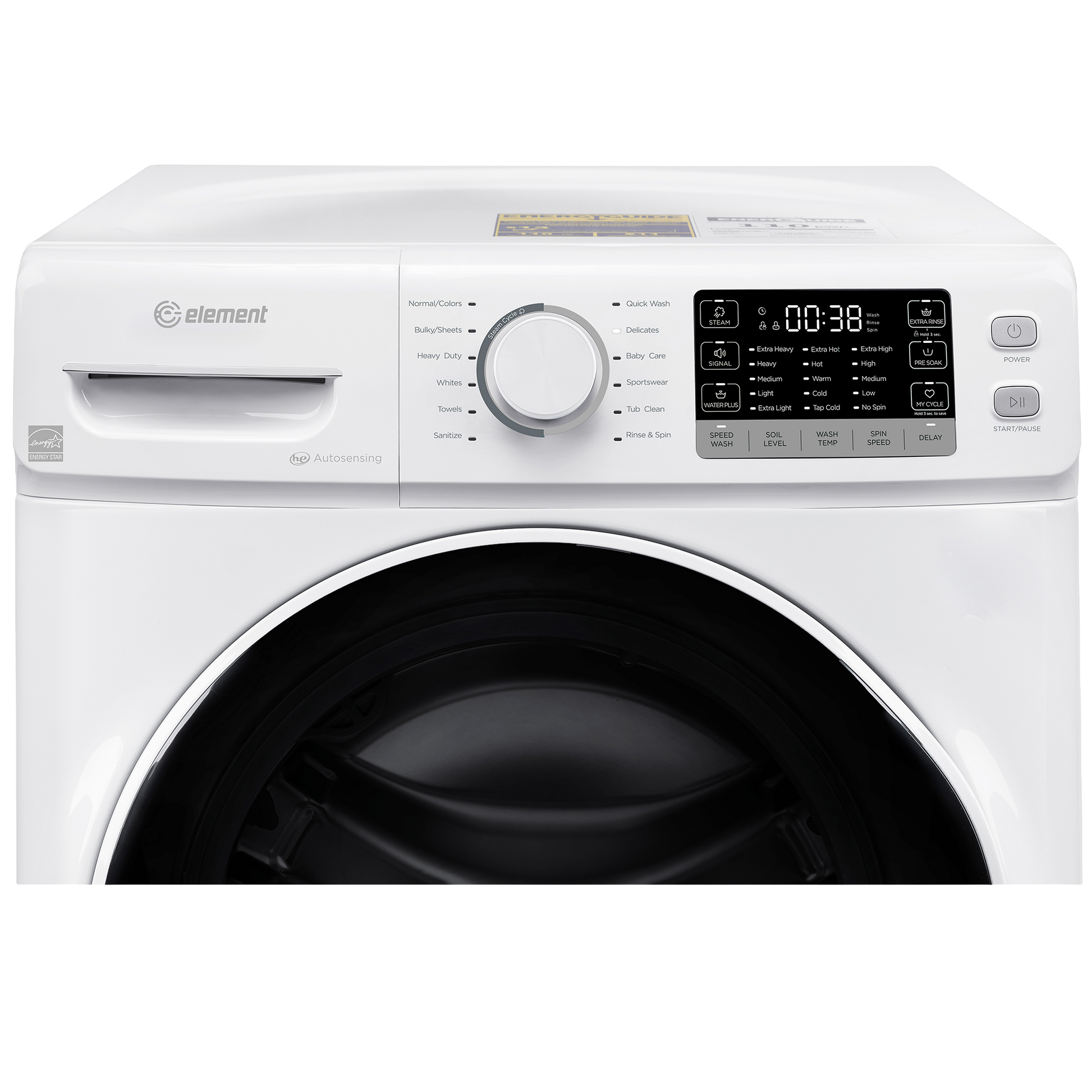 White front load washing machine featuring digital display, cycle selector knob, and control buttons for appliances collection.