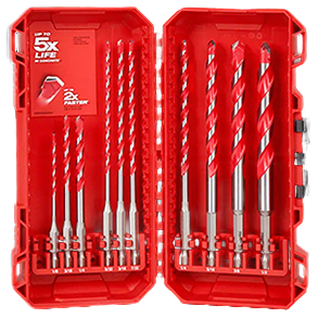 Red hard plastic case with a 10-piece carbide hammer drill bit set for concrete and masonry drilling tasks.