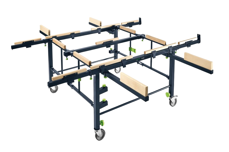 Mobile saw table frame with extendable wooden supports and locking casters for woodworking and tool stands collection