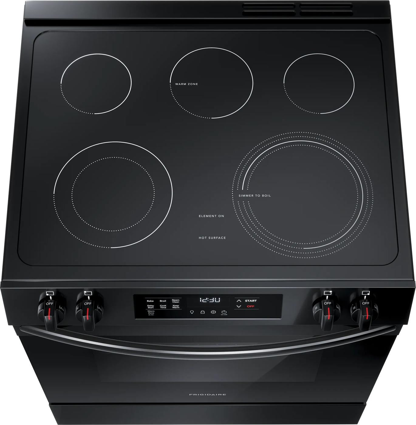 Black electric range with smooth glass cooktop and front control knobs in modern kitchen appliance setting